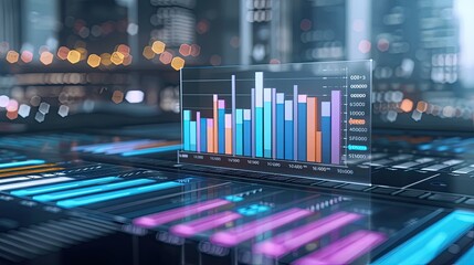 Poster - A holographic display on a futuristic tablet showcases a bar graph visualization of data, illuminated by vibrant neon lights.