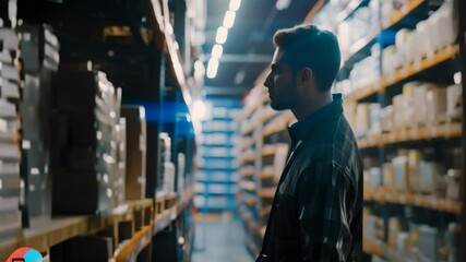 Poster - a man is standing in a warehouse, focused on a tablet screen displaying inventory data, highlight ke