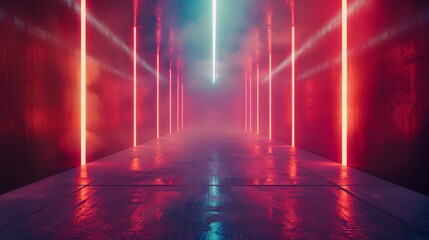 Poster - Futuristic corridor illuminated with vibrant neon lights, creating an atmospheric and modern sci-fi vibe. Perfect for tech and creative projects.