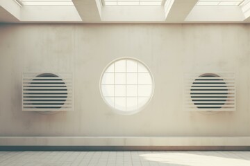 Poster - Serene, modern interior space with striking round windows providing natural light
