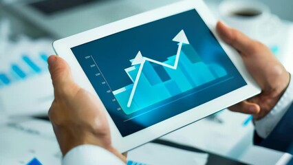 Aufkleber - Businessman analyzing financial graph on digital tablet in office. Concept of business growth, investment strategy, and economic data visualization
