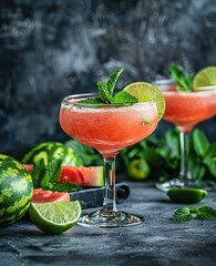   Two watermelon margaritas with mint garnish on the rim