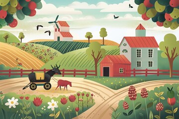 A playful, colorful illustration of a farm scene