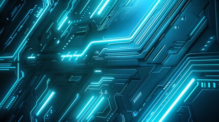 Poster - Futuristic digital circuit board with glowing blue neon lights, showcasing advanced technology and innovation concepts.