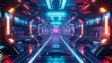 Poster - Futuristic neon-lit corridor with vibrant colors and sci-fi design, perfect for depicting technology, innovation, or digital concepts.