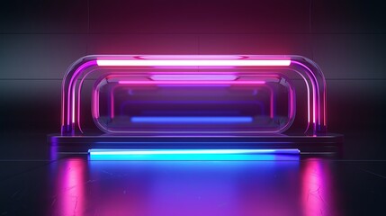 Poster - Futuristic neon light installation with vibrant colors and reflective surfaces, creating a modern and energetic ambiance in a dark room.