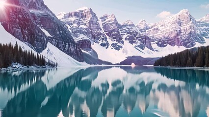 Poster - Snowcapped mountains mirroring in the clear, icy blue waters of a lake, Icy blue lake reflecting snow-capped mountains