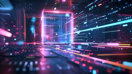 Fototapete - Abstract digital corridor with neon lights and futuristic data streams. Perfect for technology and innovation concepts.