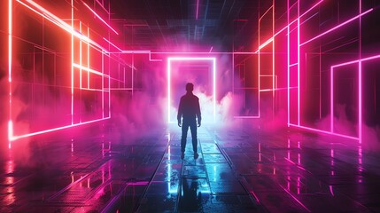 Fototapete - Silhouette of a man standing in a neon-lit futuristic environment with pink and blue lights, modern technology concept, digital art.