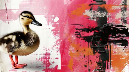 Poster -   A duck in front of a pink-and-white wall with a black-and-white design