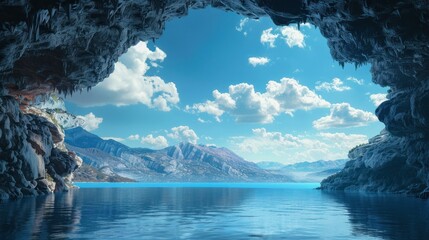 Wall Mural - Stunning view of serene blue lake and majestic mountains from inside a dark cave. Concepts. adventure, exploration, nature, travel, landscape, scenic