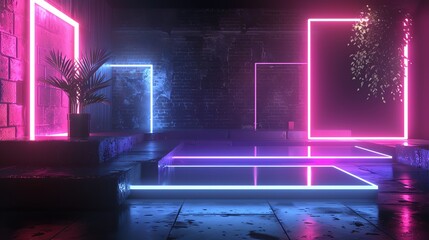 Poster - Modern futuristic interior with neon lights reflecting on wet floor, creating a vibrant and immersive atmosphere.