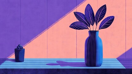 Wall Mural -   A blue vase with a plant and a purple vase with a green plant