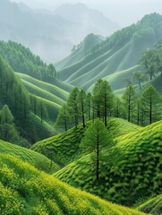 Wall Mural - Serene landscape of rolling green hills covered in lush grass and trees. Concept of nature, environment, tranquility, and peace.