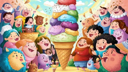 Sticker - A cartoon illustration of a large ice cream cone with many people around it, AI