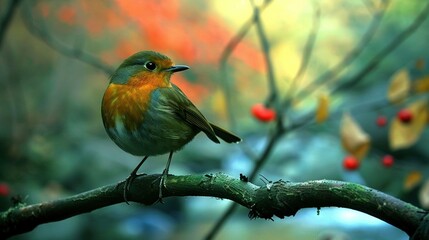 Wall Mural -  A bird perched on leafy branches against a fuzzy backdrop, including a red-berried tree