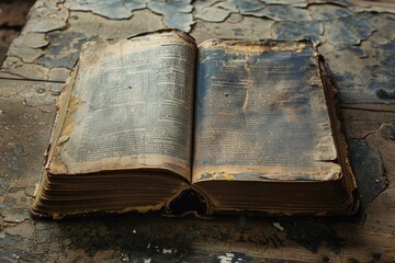 Poster - Old book with torn and ripped pages lying open on a worn wooden surface