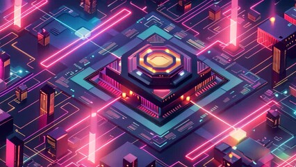 Poster - video showing a cybercity with vibrant neon lights and futuristic architecture, Illustrate a futuristic cyber security system using geometric shapes and vibrant colors