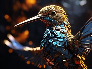 Poster - A close-up view of a hummingbird with gold and blue metallic plumage, in flight with its wings spread out