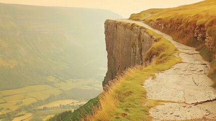 Poster -   A man stands on a cliff's edge, gazing down at a winding road that hugs the cliffside Beneath him lies a breathtaking view of a l