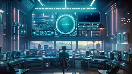 Sticker - A man is seated at a computer in a modern, futuristic office, surrounded by advanced technology, Illustrate a futuristic vision of a cyber security operations center