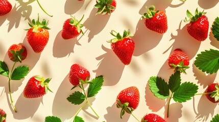 Canvas Print - Strawberry fruits and leaves in pattern on powdery background with bright shadows from hard light