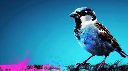 Wall Mural -   A bird perches on a ledge against a blue backdrop while surrounded by pink and blue paint smudges