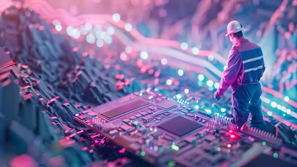 Poster - A man in a hard hat is standing on top of a circuit board, Illustrate the concept of mining cryptocurrency through powerful computer algorithms and computational power