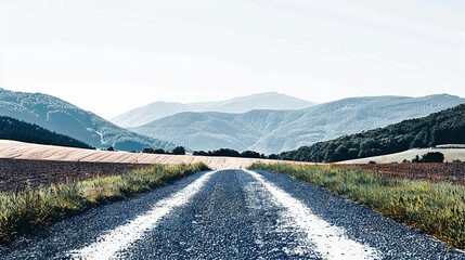 Canvas Print -  A photograph of a road in a field surrounded by mountains in the background and lush grass in the foreground