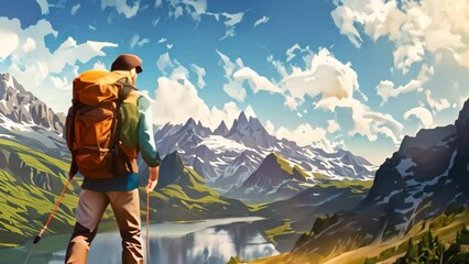 Sticker - A man wearing a backpack gazes out at a lake in a scenic setting, Illustrate the sense of freedom and adventure that comes with backpacking