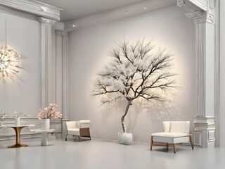 modern white room interior with tree and two white armchairs