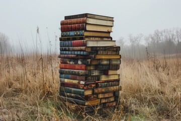 Poster - Tall stack of old books is standing upright in a field of dry grass