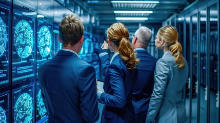 Poster - Group of business professionals analyzing data on futuristic digital screens in a modern data center.