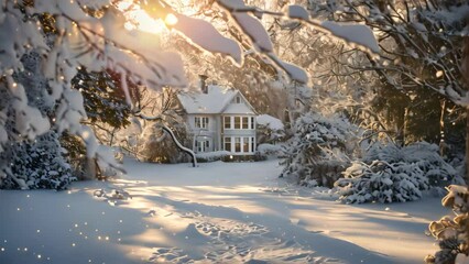 Poster - Snowy Scene With House in Background, Imagine a magical winter wonderland where snowflakes swirl around in celebration of Boxing Day