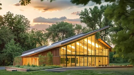 Wall Mural - A modern building with a glass roof stands amidst a dense forest, Imagine a zero-waste building that prioritizes recycling and composting in its design