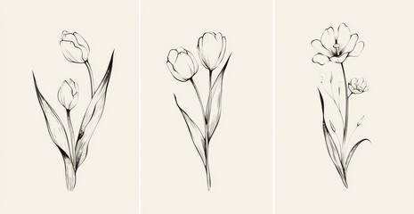 Set of three red tulip flower line art sketches in frames on wall, white background 