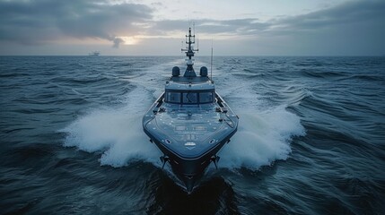 A sleek, modern patrol boat with a dark gray hull cuts through the waves in the open ocean at dusk.