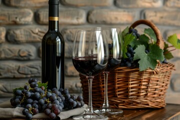 Poster - Two glasses of red wine are standing on a table with a bottle of wine and a basket of grapes