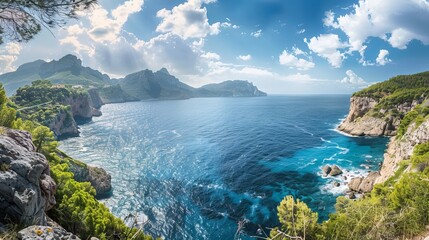 Wall Mural - Panoramic view of the stunning coastline of Majorca, a picturesque Mediterranean island with crystal-clear waters.