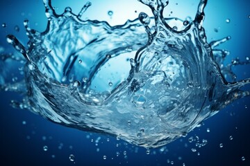 Poster - High-speed capture of a clear water splash with droplets against a deep blue backdrop