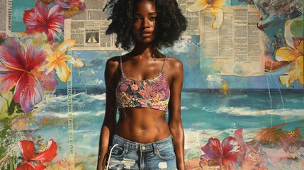 Wall Mural - A woman in a floral top standing against a colorful artistic background blending nature and creativity with vibrant and expressive elements