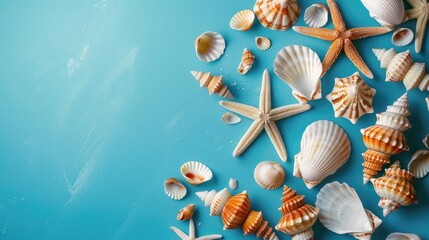 Wall Mural - Seashells on blue background Summer relaxation concept