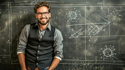 Wall Mural - A mathematical scientist is looking at formulas written in chalk on a blackboard. A man is solving a scientific problem. Illustration for poster, cover, brochure or presentation.