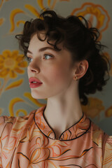 artistic portrait of a young woman with curly hair against a vibrant floral wallpaper background