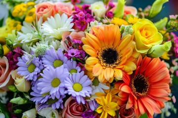 Canvas Print - Vibrant array of gerbera daisies, roses, and other colorful flowers are combined in a beautiful bouquet