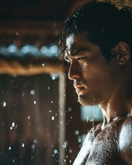 Wall Mural - Portrait of a man with water drops on his face. AI.