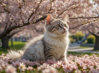 Poster - A beautiful cat is sitting in a field of pink flowers. AI.