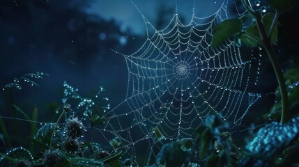 A delicate and intricate spider web glistens with morning dew, capturing the beauty of nature's artistry. AI.