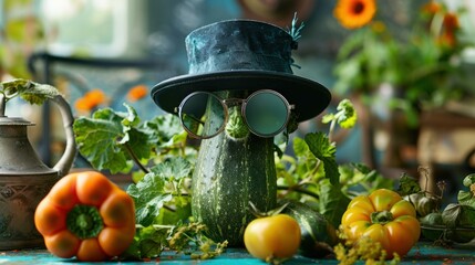 Sticker - A quirky still life with a zucchini wearing a hat and glasses. AI.