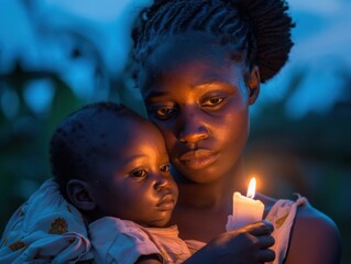 Wall Mural - A mother and her child with a candle. AI.